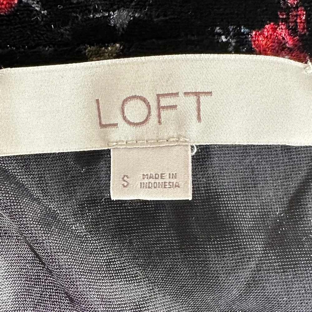 LOFT Black Velvet Top with Red Floral Accents